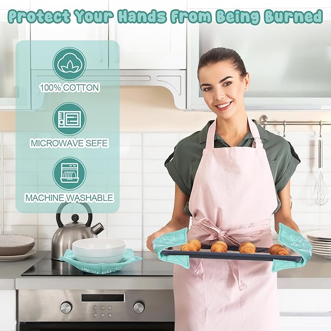 Cunhill 4 Pcs Cotton Microwave Bowl Cozy Holders for Hot Food Hot Pads Soup Bowl Potholders Heat Resistant Multipurpose Quilted Safe Holders for Kitchen Plate Supply(Turquoise,Quotes)