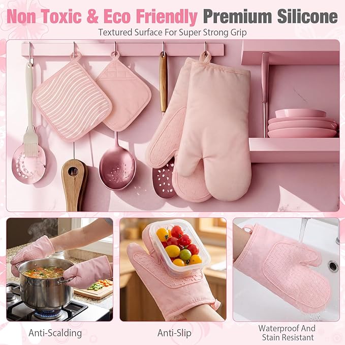 Pink Oven Mitts and Pot Holders 7 Sets, Heat Resistant Kitchen Gloves Pads Potholders for Women Gifts Pot Holders Kitchen Accessories Gift(Pink White,Rubber Cotton,Stripes)