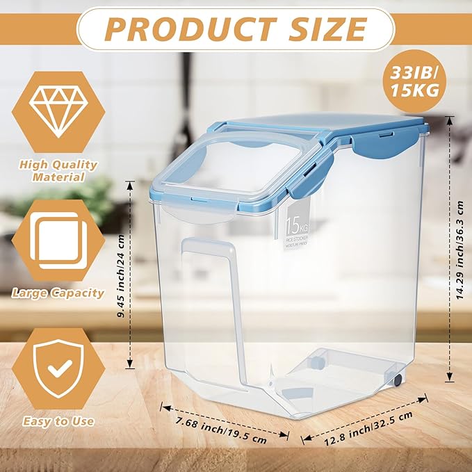 Umigy 4 Pack Rice Storage Container With Wheels Plastic Airtight Lid Flour Container Bin for Dog Pet Cereal Grain Dry Food, 15 Liter / 30 lbs (Blue)