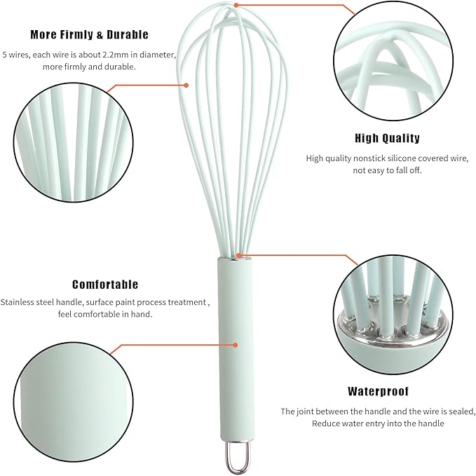 GorGin high temperature and easy to clean silicone whisk, stirrer, 10 inch, grip good grip design for Blending Whisking Beating Stirring Cooking Baking (1 Pack | blue)