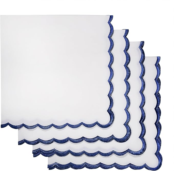 Ridhi Cloth Napkins 100% Pure Cotton Farmhouse Wedding Dinner Napkins Gift for Spring, Easter, Valentine, Holiday, Everyday Napkin (4-18" x 18" White with Tanzanite Blue Edge)