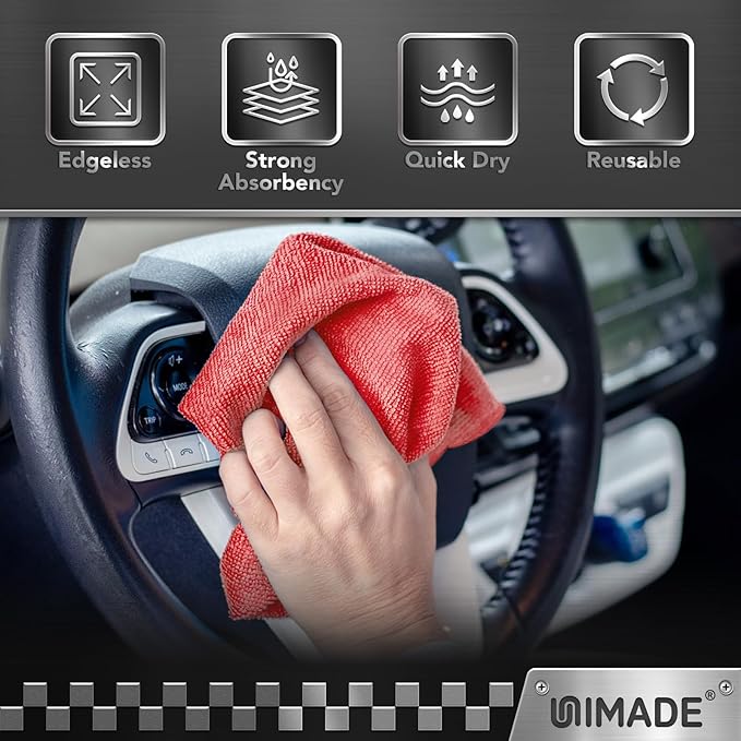 UNIMADE Microfiber Cleaning Cloth, 24 Pack Reusable Microfiber Towels for Cars Lint Free Cleaning Shop Towel Rags for Home Kitchen Automotive Bar Mechanic Restaurant Garage, 11"x 12", Red