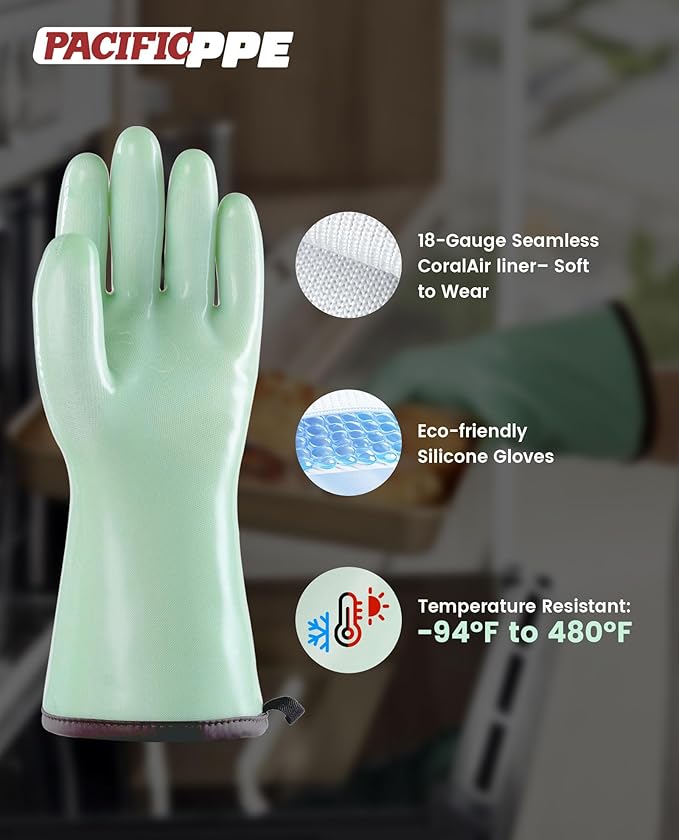 PACIFIC PPE Heat Resistant Oven Gloves, Food Grade Safety Gloves with Thickened Waterproof Silicone Coating for Cooking, Grilling, Baking, Smoker, Green, XXL/11