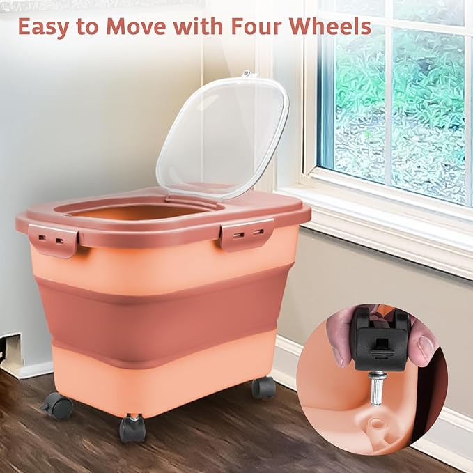 Komzon Rice Storage Containers, Collapsible 20 to 30Lbs Food Storage Bin Dispenser with Rolling Wheel and Clear Airtight Lid, BPA Free Flour, Sugar, Cereal and Dog Cat Pet food Containers