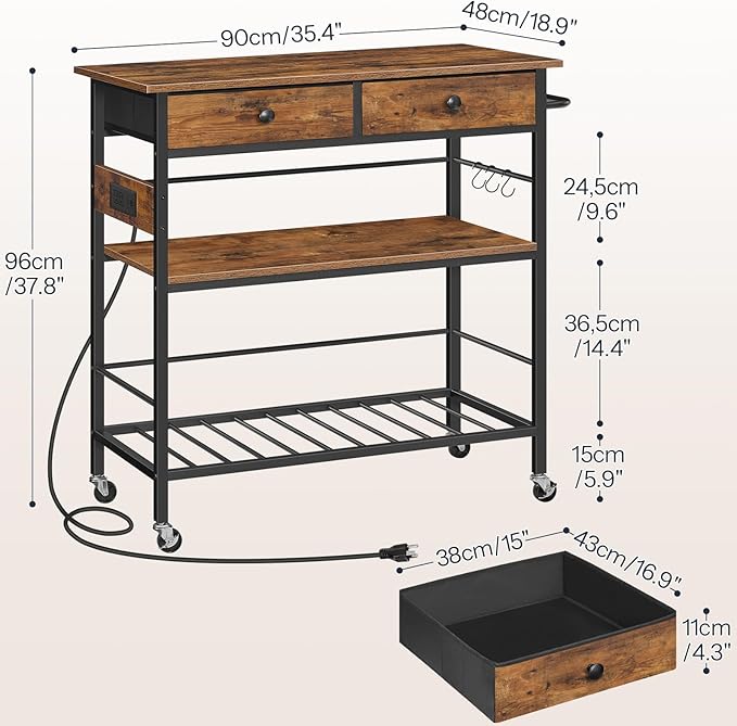 HOOBRO Kitchen Island with Storage, Rolling Island Cart for Kitchen with 2 Drawers & Outlet, 3 Tier Coffee Station and Microwave Stand, Kitchen Island Table for Home, Rustic Brown BF08UZD01