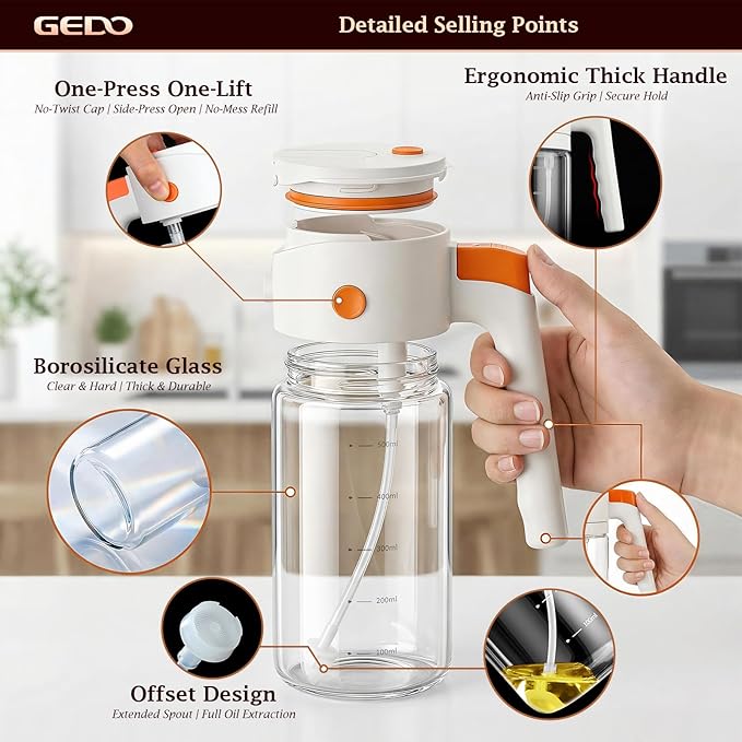 GEDO 2-in-1 Oil Sprayer & Dispenser, Borosilicate Glass Oil Bottle with Auto Open/Close Lid, One-Press Refill & Ergonomic Handle, Mist & Pour for Cooking, Salad, Air Fryer, BBQ