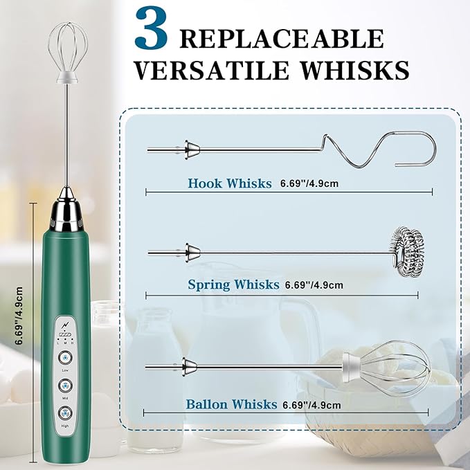 BSRGMS Milk Frother Handheld for Coffee, Electric Whisk 3 Speed Adjustable, Drink Mixer with Stainless 3 Whisks, Rechargeable Hand Frother Wand, for Latte Cappuccino Hot Chocolate Egg Green