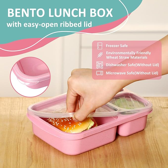 Yaomiao 16 Pack 3 and 4 Compartment Bento Lunch Box Wheat Straw Divided Snack Containers Food Storage Plastic Reusable Meal Prep Container with Transparent Lids for Adults Work Travel, Blue Pink