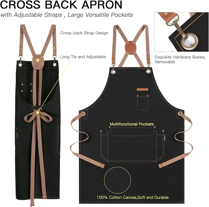 Genixart Chef Apron for Men Women with Pockets, Canvas Aprons for Kitchen Cooking, Artist Painting, Work Apron for Server (Black, 6 Pack)