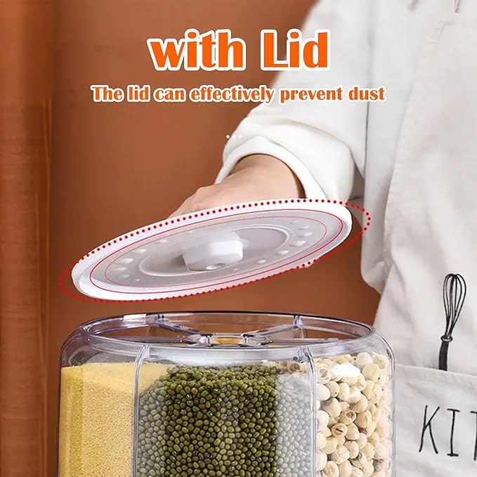 Rotating Grain Storage Bin - 6 Grids 22LBS Capacity Rice Food Dispenser with One-Click Output & Moisture-Proof Design, Kitchen Countertop Pantry Organizer for Rice, Beans, Cereals (Large)