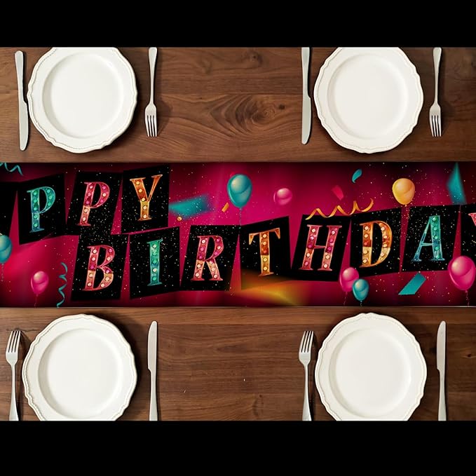 Happy Birthday Table Runner 13x72 Inch Colorful Birthday Balloon Ribbon Farmhouse Polyester Linen Table Decoration for Kitchen Dinning, Indoor Outdoor Home Dinner Party (Brilliant)