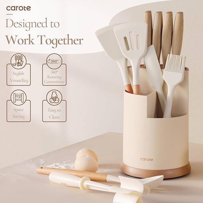 CAROTE 13Pcs Kitchen Utensils Set with 360 Rotating Knife Block, Heat Resistant Cooking Utensils with Wooden Handle, Nonstick Ceramic Surface, Cream White