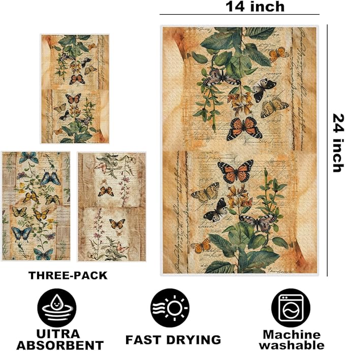 3 Pcs Vintage Butterfly Kitchen Towels, Artistic Decorative Absorbent Microfiber Dish Cloth Tea Towel, Botanical Waffle Hand Towels for Farmhouse Home Bathroom, Butterfly Gifts for Women 1