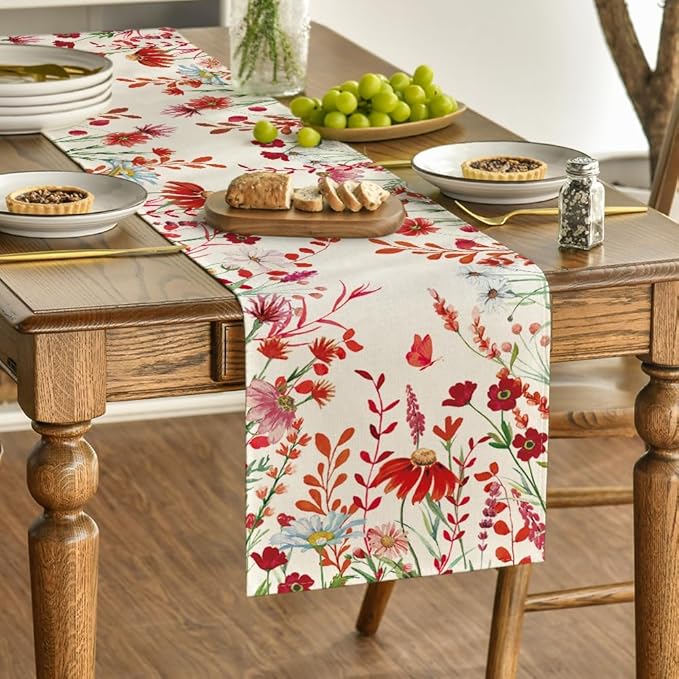 Artoid Mode Orange Daisy Flowers Floral Leaves Summer Table Runner, Spring Kitchen Dining Table Decoration for Home Party Decor 13x72 Inch