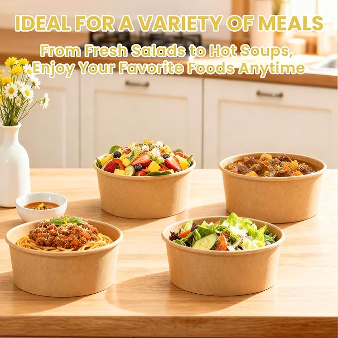 50 Count 34 oz Disposable Meal Prep Containers with Lids, Soup Serving Bowls Disposable Paper Bowls | Microwave-Safe | for Party, Takeout, Gatherings, Outdoor Meals