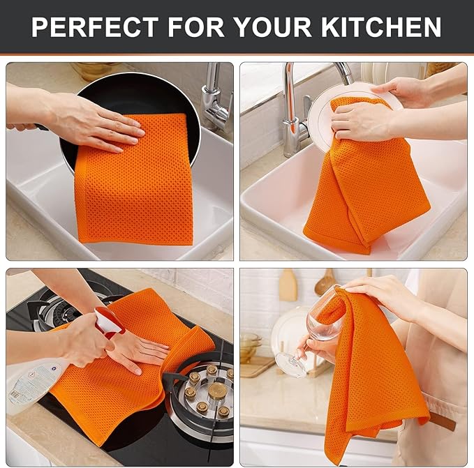 Kitinjoy 100% Cotton Waffle Weave Kitchen Hand Towels (13 x 28 Inches, Orange), 4-Pack Super Soft and Absorbent Dish Towels for Drying Dishes