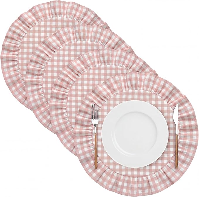 4 Pcs 15 Inch 100% Cotton Scalloped Round Placemats, Thin Light Pink Gingham Place Mats with Ruffle, Washable Placemats Table Mats for Kitchen Dining Holiday Gatherings Decor
