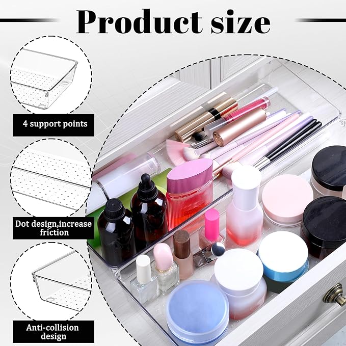 6 Pack Clear Drawer Organizer Trays 15 x 6 x 2 Inch Large Size Clear Plastic Desk Drawer Storage Bins Container Desk Drawers Divider Storage Bins for Utensils Junks Vanities Makeups Jewelry