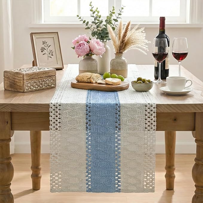 Artoid Mode Sky Blue Farmhouse Rustic Table Runner, Seasonal Holiday Hollow Kitchen Dining Table Decoration for Home Party Decor 12x48 Inch