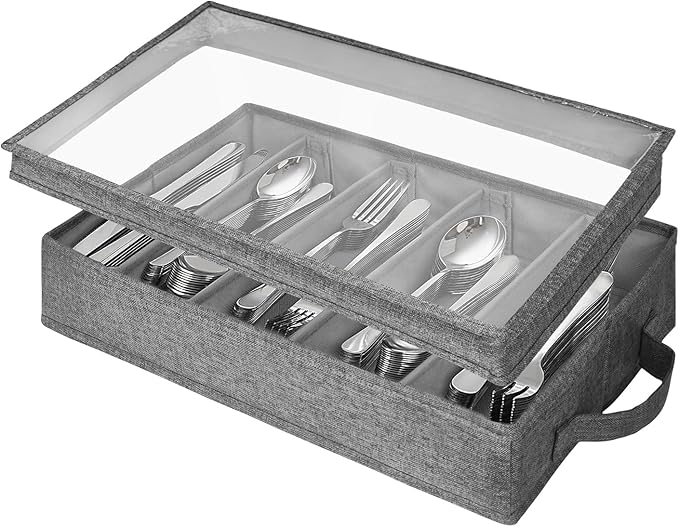 Grekos Flatware Utensil Storage Case, Silverware Storage Box with 4 Adjustable Dividers and Removable Lid, Cutlery Case Utensil with 5 Compartment Storage for Spoon Fork Knives Tableware (Gray)