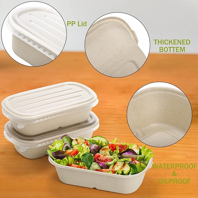 Yesland 70 Pack Compostable Take Out Food Containers with PP Lid, 23 Oz Bagasse to Go Containers Rectangular Disposable Paper Bowls, Biodegradable Meal Prep Food Container for Salad, Leftovers