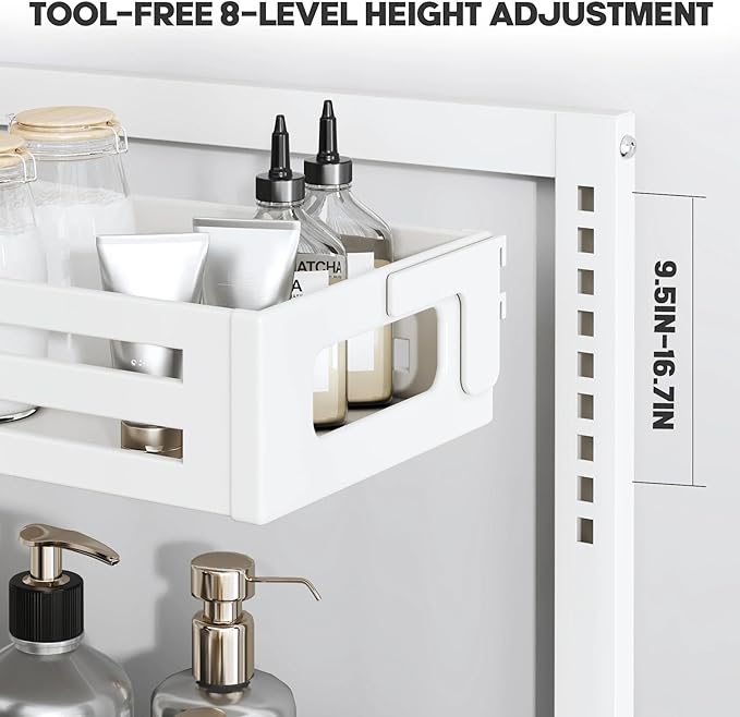 2 Pack 17IN-Depth Under Sink Organizer,Pull Out Cabinet Organizer With Smooth Cylindrical Rail,Metal Slide Out Drawer for Kitchen Bathroom Laundry,8-Level Tool Free Height Adjustable-White