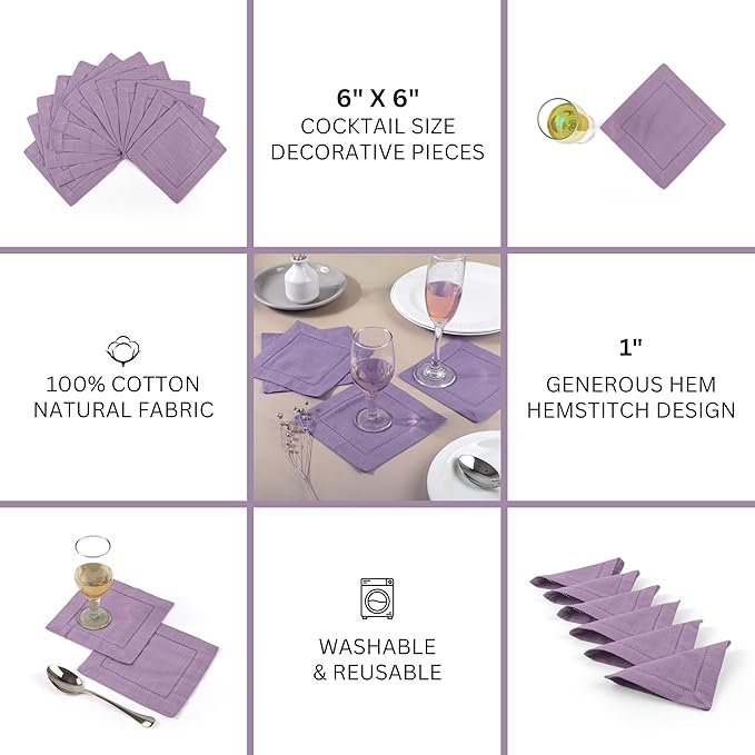 FINGERCRAFT Cocktail Napkins 6 x 6 Inch Premium Quality Cotton, Generous Hemstitch and Mitered Corner Set of 12 Coaster Cloth Lavender