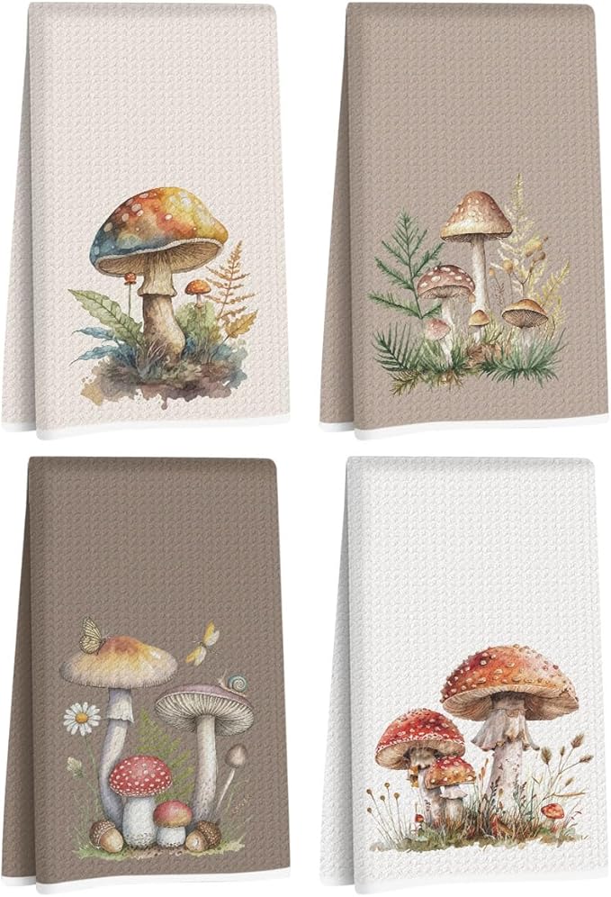 Hanamiya Na 4 Pcs Mushroom Decorative Hand Towels for Bathroom 24x14 Inch,Farmhouse Reusable Dish Towels for Kitchen Decor, Waffle Weave Absorbent Hand Towel, Mushroom Gifts for Women Mom