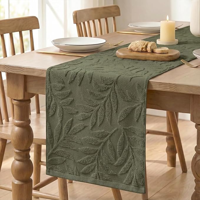 Artoid Mode Olive Green Soft Cotton Jacquard Leaves Spring Table Runner, Holiday Kitchen Dining Table Decoration for Home Party Decor 13x72 Inch