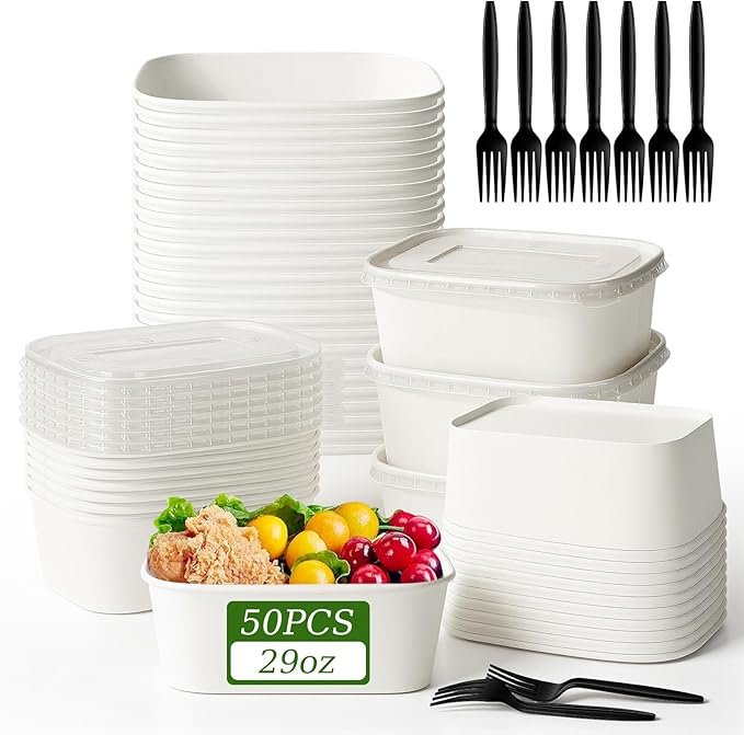 DI QIU REN 50-Pack 29oz Disposable Meal Prep Containers with Lids & Forks, Kraft Paper Bowls To Go Take Out Food Containers with Lids, Microwave & Freezer Safe (White Kraft Paper, 29oz 50 Count)