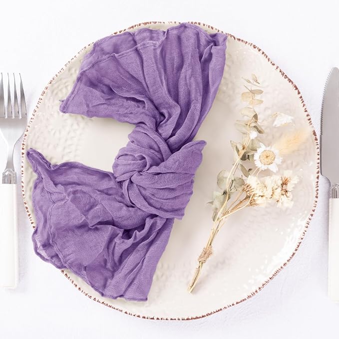 DeZerlor 12 Pack Lavender Purple Cheesecloth Napkins Spring Cloth Napkins Set of 12 Dinner Napkins Bulk 21x21 Inches for Wedding Bridal Shower Baby Shower Parties