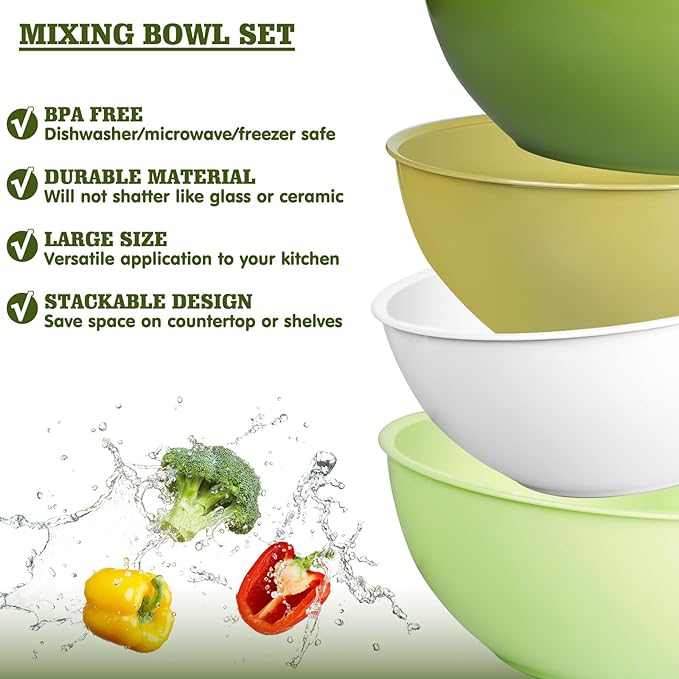 Greentainer 4-Piece Plastic Mixing Bowl Set, 113oz Lightweight Serving Bowls, Large Salad Bowls for Baking,Prepping, Cooking and Serving Food, Dishwasher & Microwave Safe
