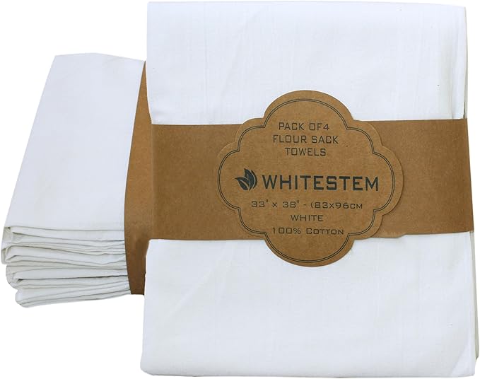 Flour Sack Tea Towel for Crafts | Kitchen Dish Cotton Blank Towel for Embroidery | Baking Bread Proofing Linen Cover | Thick Absorbent Quick Dry | 4 Pack 33"x38" White