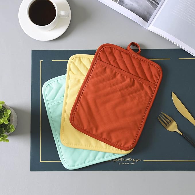 Anyi Pot Holders and Oven Mitts 7" X 9" Heat Resistant Cotton Pocket Pot Holder Set Feature of Non Slip Kitchen Hot Pad Oven Mitts, 3-Pack (Aqua Sky)
