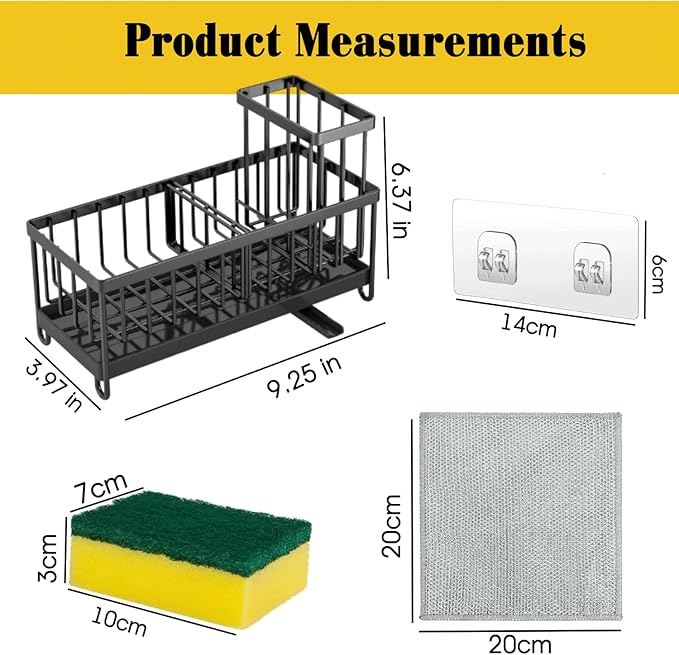 5 in 1 Sponge Holder for Kitchen Sink, Rustproof Stainless Steel Sink Caddy with Washing Cloth & Adhesive Hooks, Kitchen Sink Organizer with High Brush Holder and Soap Holder for Kitchen Sink