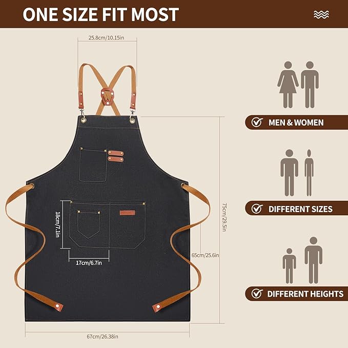Chef Aprons for Men Women with 4 Large Pockets, Cotton Canvas Cross Back Adjustable Apron for Work grilling kitchen gardening