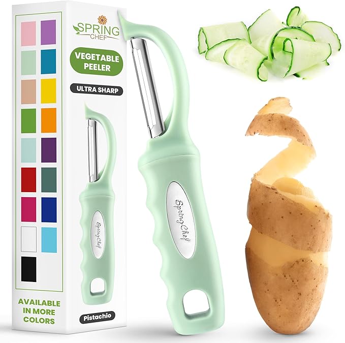 Spring Chef Premium Swivel Vegetable Peeler, Comfortable Handle and Ultra Sharp Stainless Steel Blades - Perfect Kitchen Peeler For Veggie, Fruit, Potato, Carrot, Apple - Pistachio