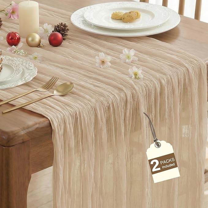 IVAPUPU 2 Pcs Cheesecloth Table Runner - 10ft Nude Spring Boho Gauze Cheese Cloth Table Runners for Baby Shower Decorations Wedding Party Garden Farmhouse
