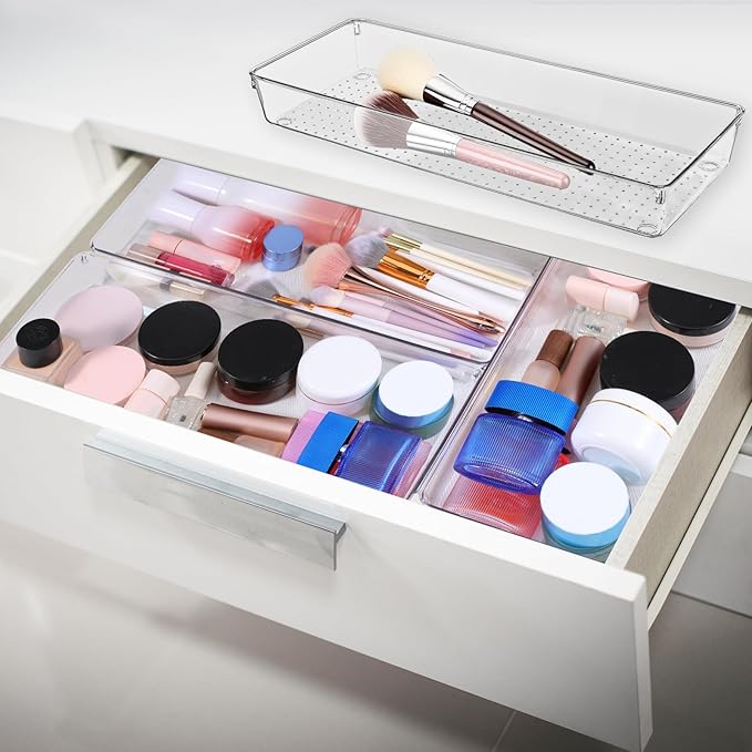 6 Pack Clear Drawer Organizer Trays 15 x 6 x 2 Inch Large Size Clear Plastic Desk Drawer Storage Bins Container Desk Drawers Divider Storage Bins for Utensils Junks Vanities Makeups Jewelry