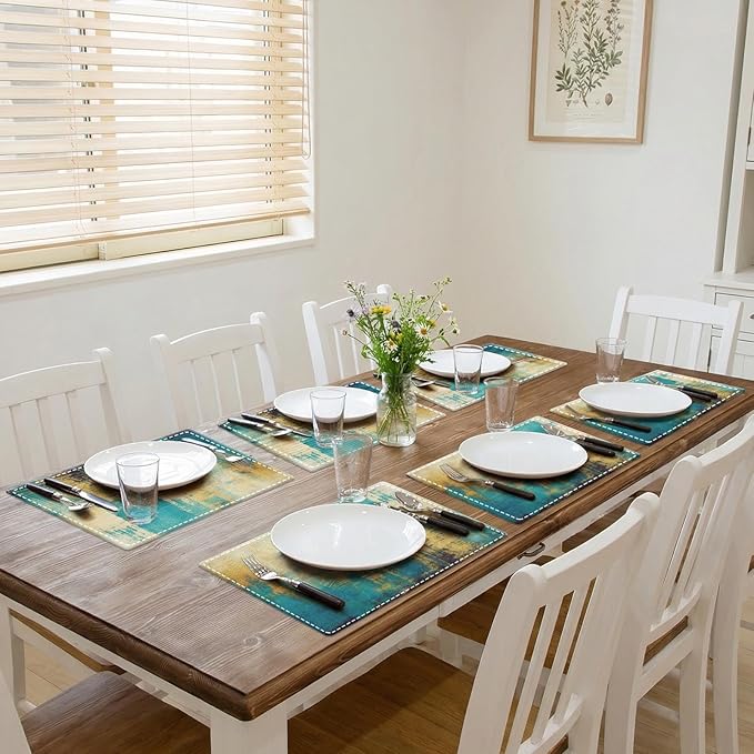 Emvency Farmhouse Placemats Set of 6, Abstract Teal Modern Gold Blue 12x18 Inch Linen Rectangular Place Table Mats for Indoors & Outdoor Home Party Kitchen Dining Decoration
