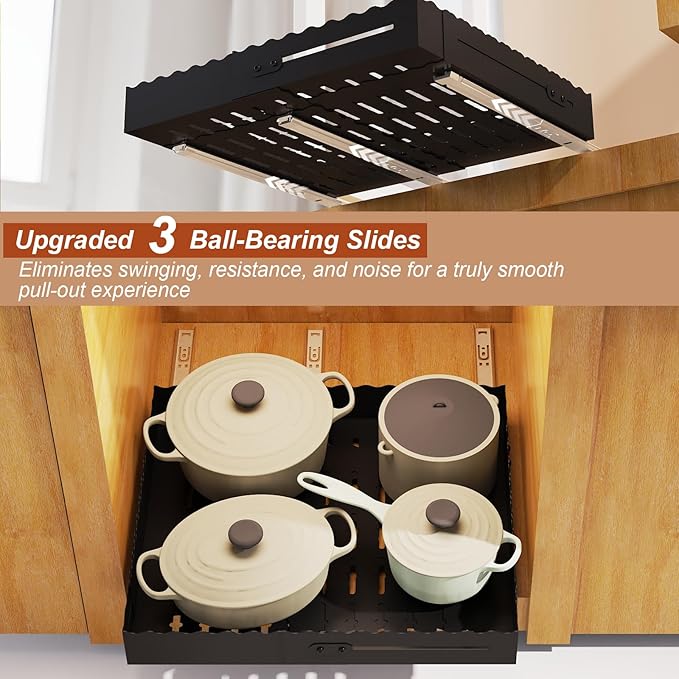 Expandable Pull Out Cabinet Organizer - Adjustable Width 12-18" & Depth 13-23", 3-Rail Heavy Duty Slide Out Drawer, No-Drills Adhesive Mount, Fits Lip & Lip-Free Cabinets(Black)
