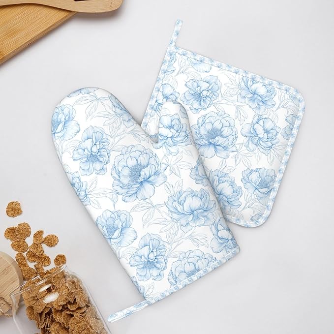 Oven Mitts and Pot Holders Flower Pastel Blue Floral Silicone Kitchen Accessories Set of 2 Heat Resistant Long Gloves Potholder Non-Slip Grip for Chef Cooking,Baking,Grilling,BBQ