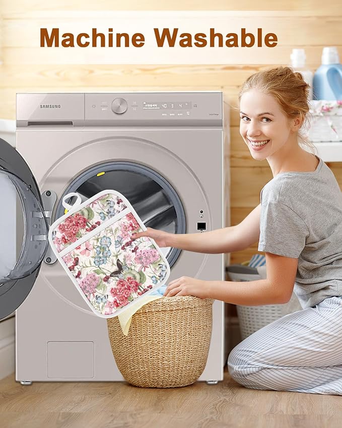Swooflia 100% Cotton Pot Holders 2 Pack Set for Kitchen with Pockets - Cute 440°F Heat Resistant Oven Hot Pads Heavy Duty for Countertop Home Cooking Baking Microwave BBQ Butterfly Floral