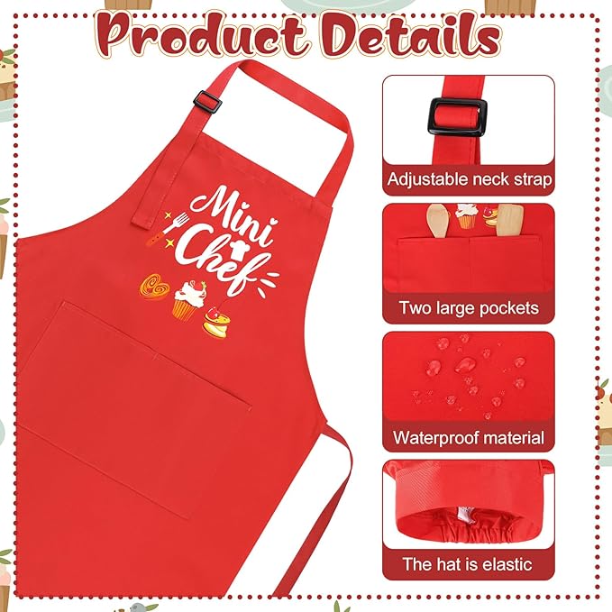 Kids Apron and Chef Hat Set, “Mini Chef” Funny Apron Adjustable Kitchen Apron for Boys and Girls