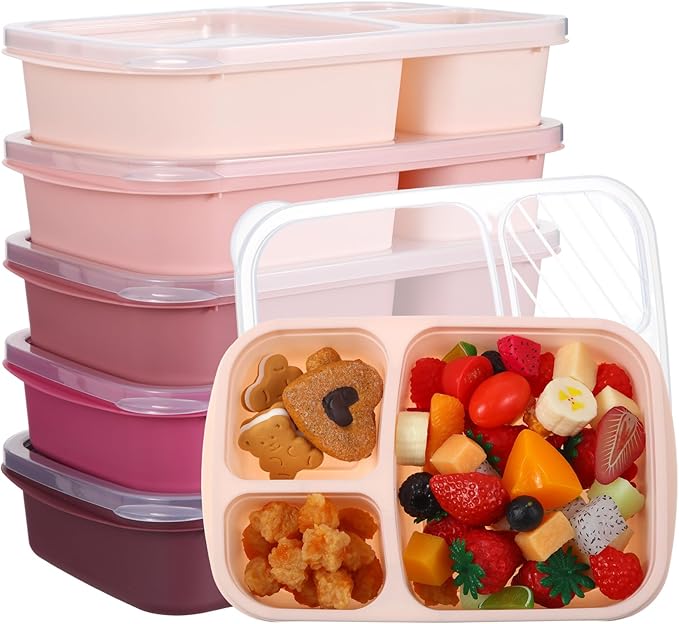 Honeydak 5 Pack Snack Containers 3 Compartment Bento Snack Boxes Divided Meal Prep Containers with Lids Reusable Adults Lunch Food Storage Box for School Work Travel(Rose Purple)