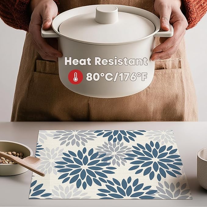 Artoid Mode Floral Vinyl Placemats Set of 4, Washable Heat Resistant Non-Slip Woven Plastic PVC Place Mats for Farmhouse Holiday Party Kitchen Dining Decor