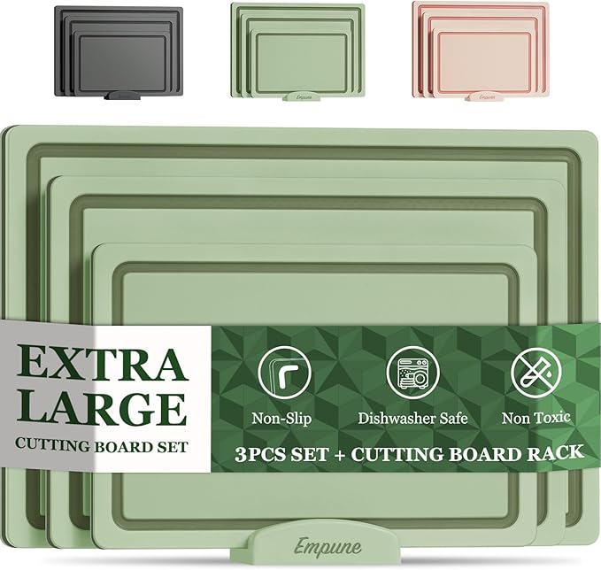 Empune Plastic Cutting Board Set, Recycled Plastic Cutting Boards for Kitchen (Set of 3), Dishwasher Safe Large Chopping Board with Holder, Non-slip Feet and Juice Grooves, Nonporous, Green