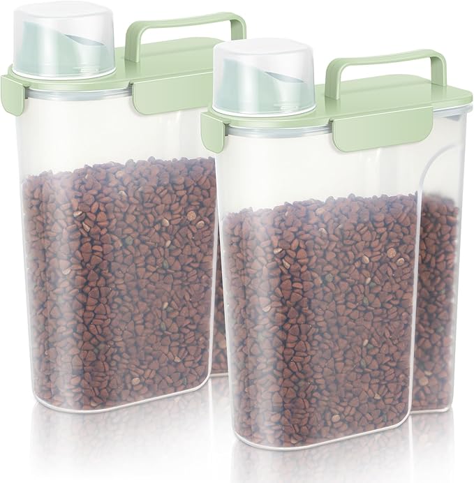 LEAWALK 5-7Lbs Dog Cat Food Storage Container with Upgraded Large Nozzle BPA-free, 4 Snap Seals Plastic Pet Food Storage Containers with Handles (light Green x 2, 5L-2pack)