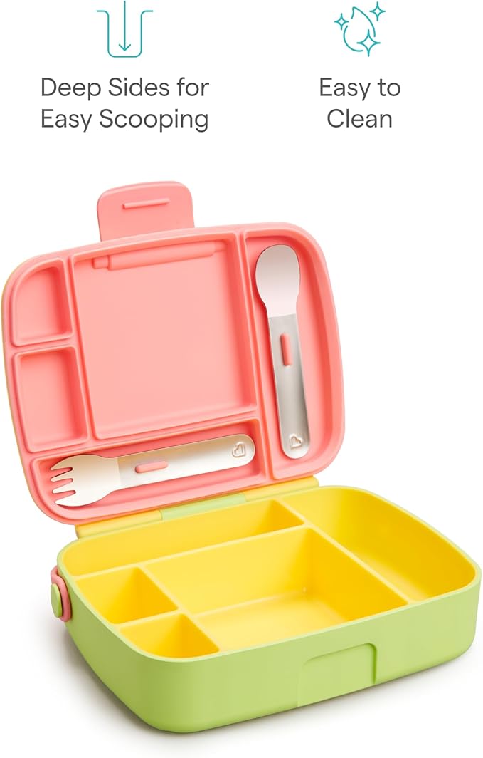 Munchkin Lunch Bento Box for Kids and Toddlers, Includes Stainless Steel Utensils, BPA-Free, 18 Months and Up, Pink/Green/Yellow