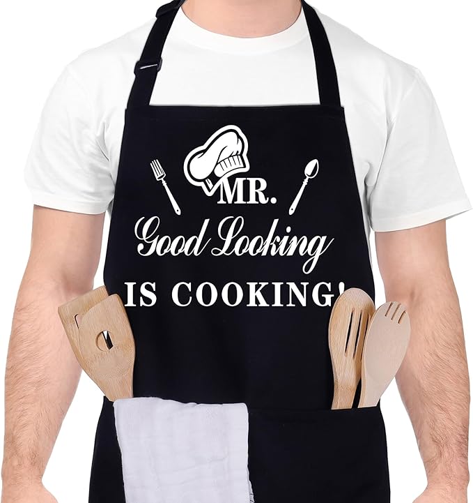 Funny Aprons for Men, MR GOOD LOOKING IS COOKING, Professional Kitchen Cooking Apron Chef Husband Bib Aprons With Double Pocket Adjustable for Father's Day Birthday Gift